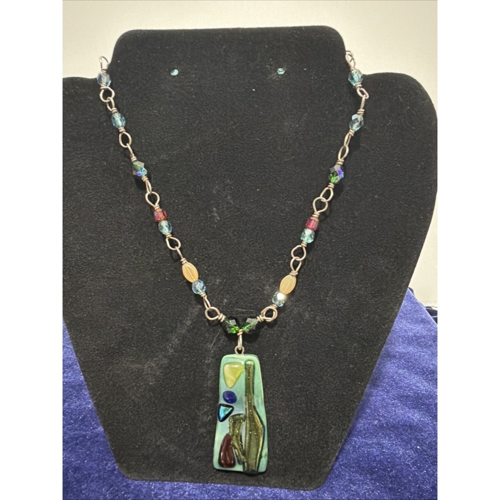 Vintage necklace Glass Murano Style glass Beaded Sterling silver 15"